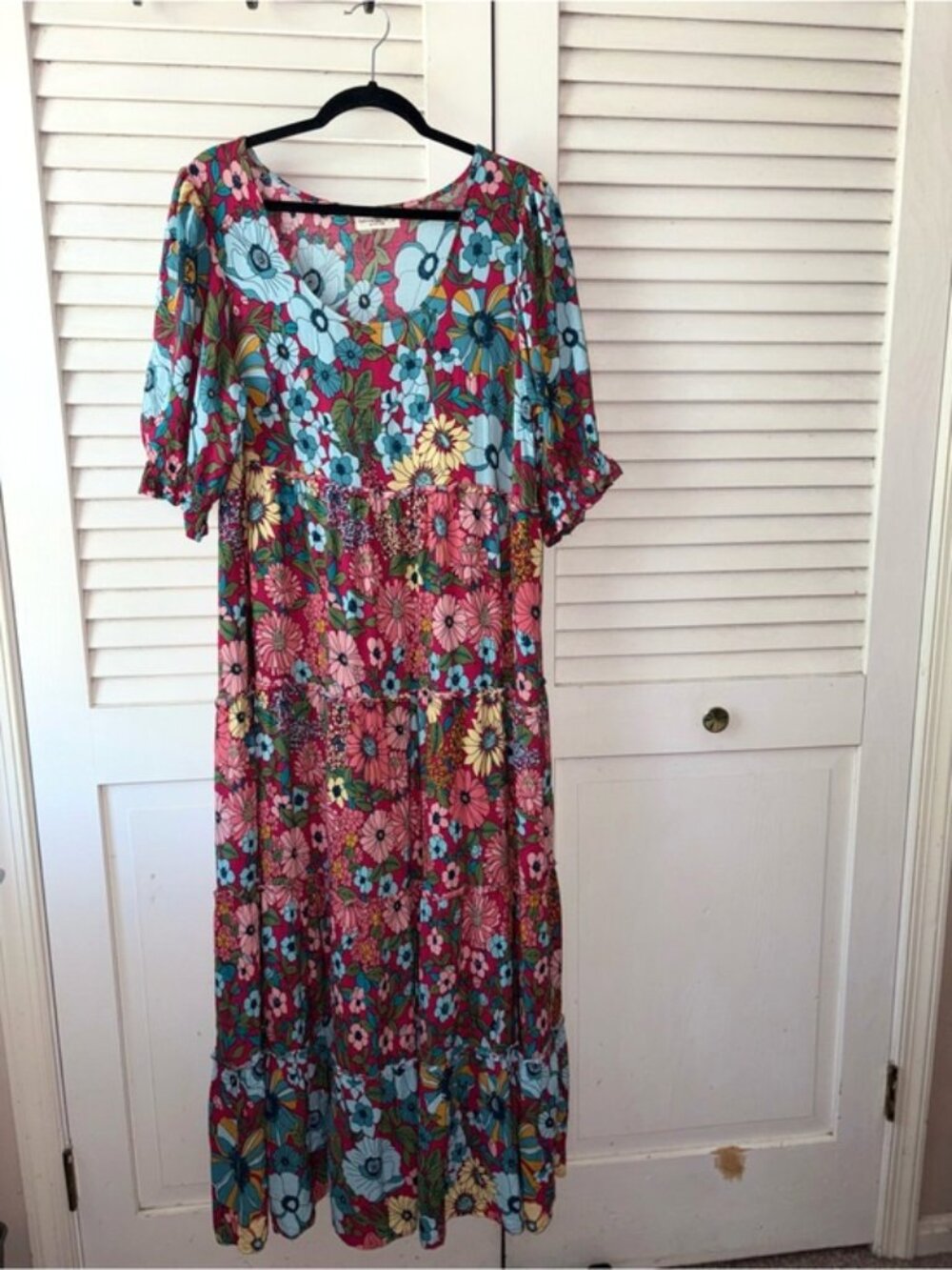 Natural Life Collette Tiered Maxi Dress Blue Red Floral Boho Size Large - Picture 4 of 8